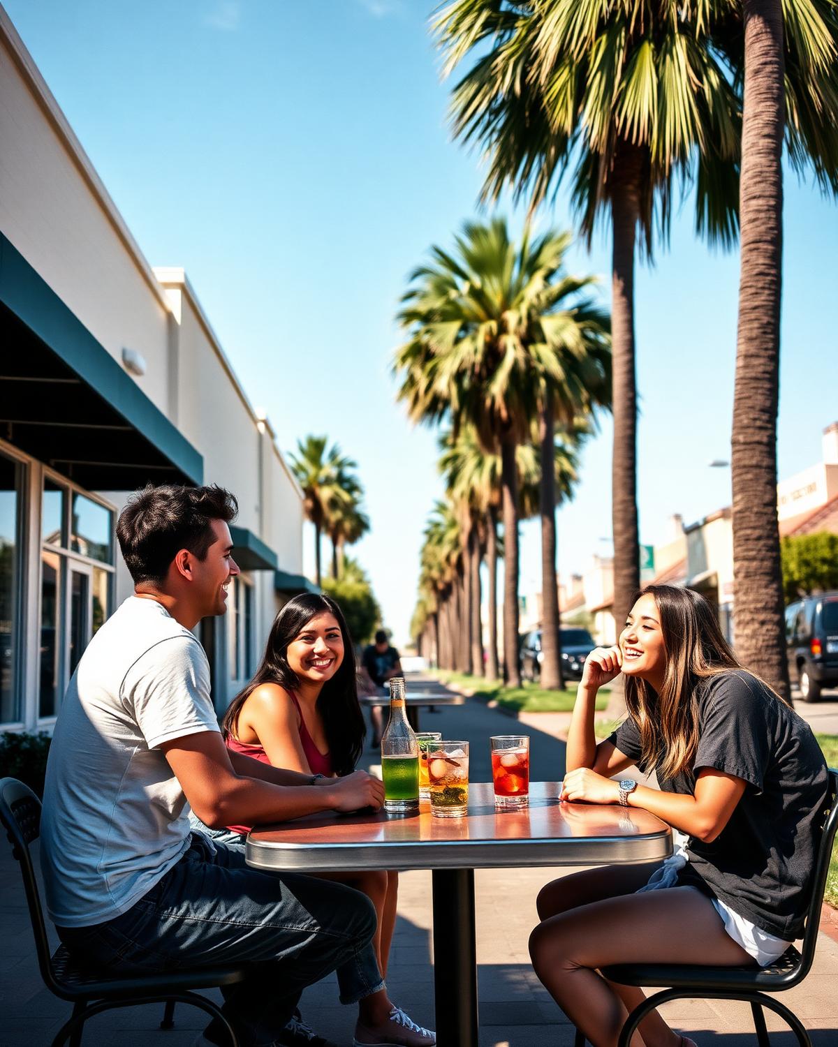 Jovens conversando em uma mesa de café ao ar livre em uma rua de San Diego