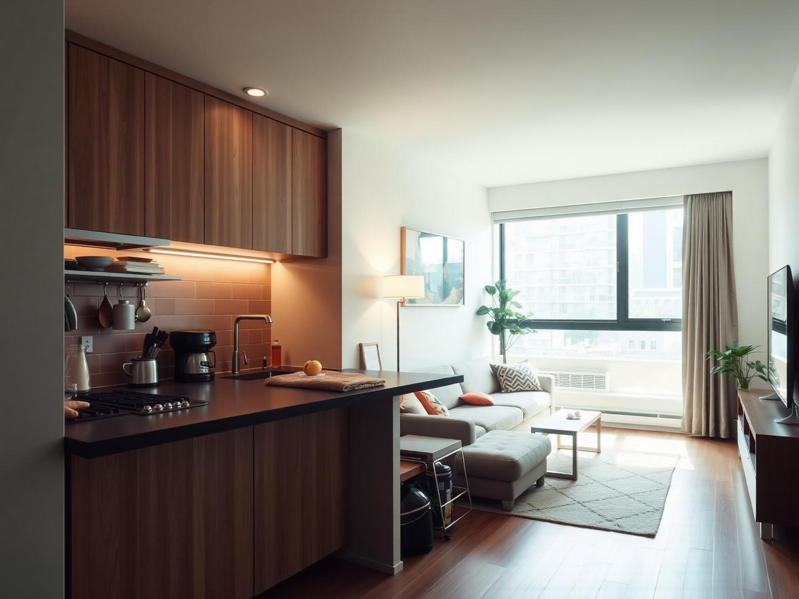 Interior de apartamento estudantil em Vancouver, com cozinha equipada e sala iluminada