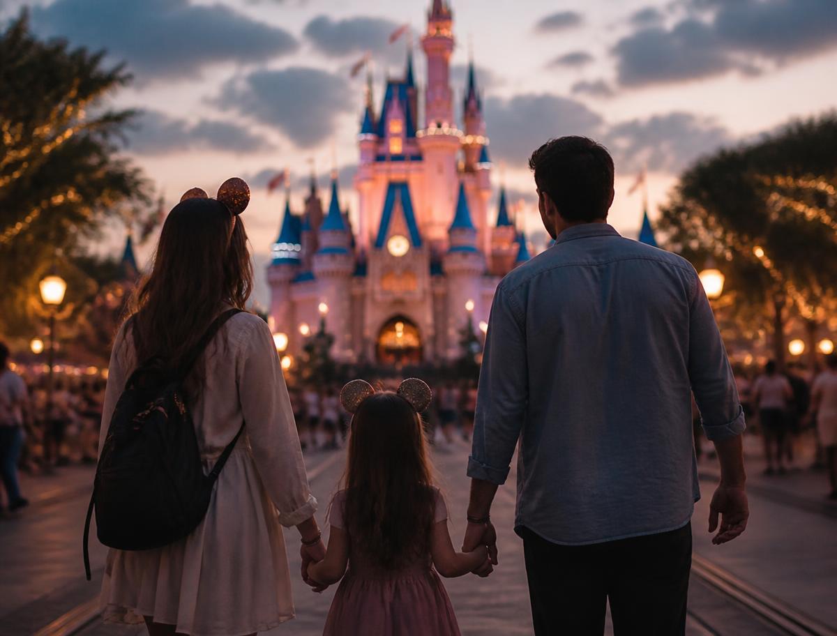 Família de mãos dadas diante do castelo iluminado ao anoitecer