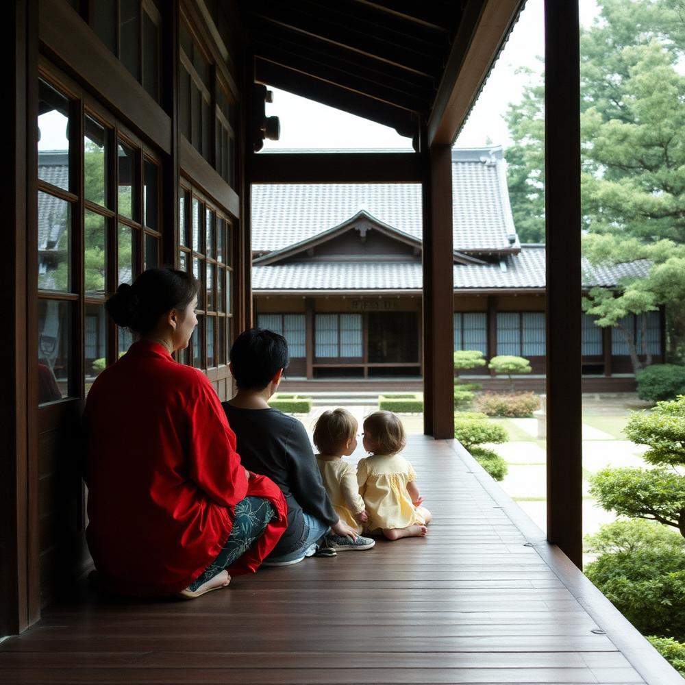 Pais e filhos sentados na varanda de um templo em Kyoto, diante de um jardim