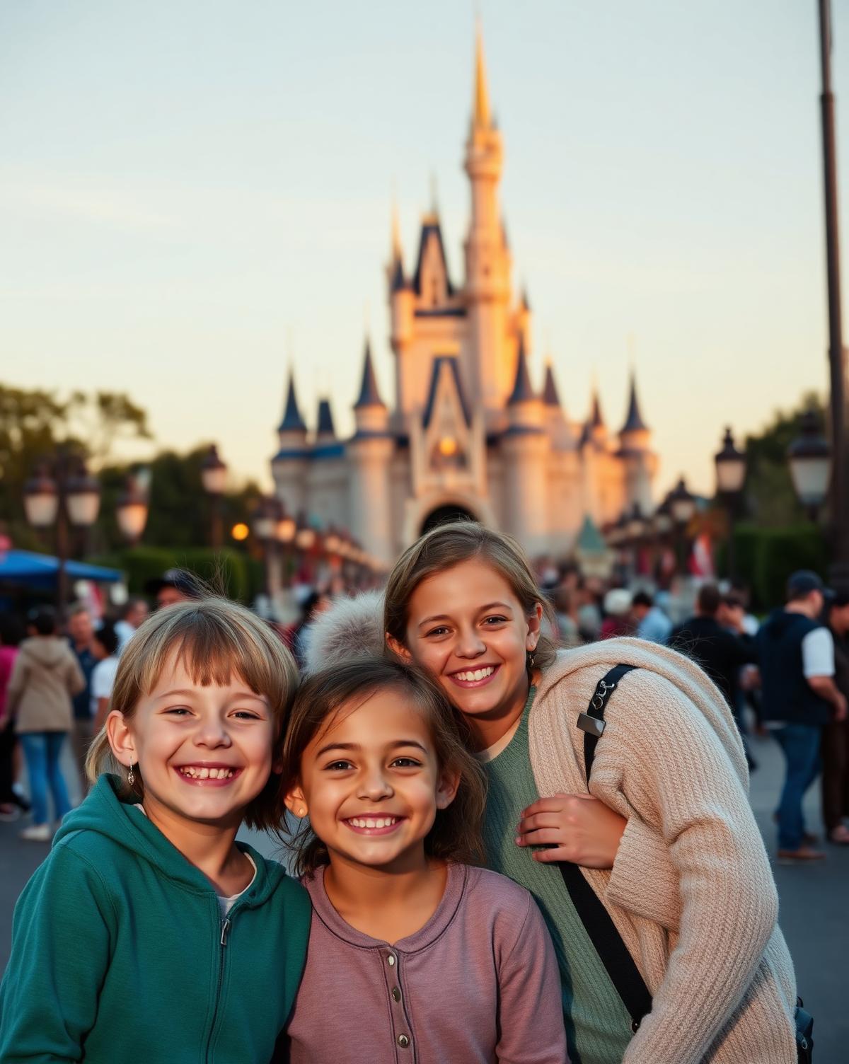 Pais e filhos sorrindo diante do castelo do parque ao anoitecer