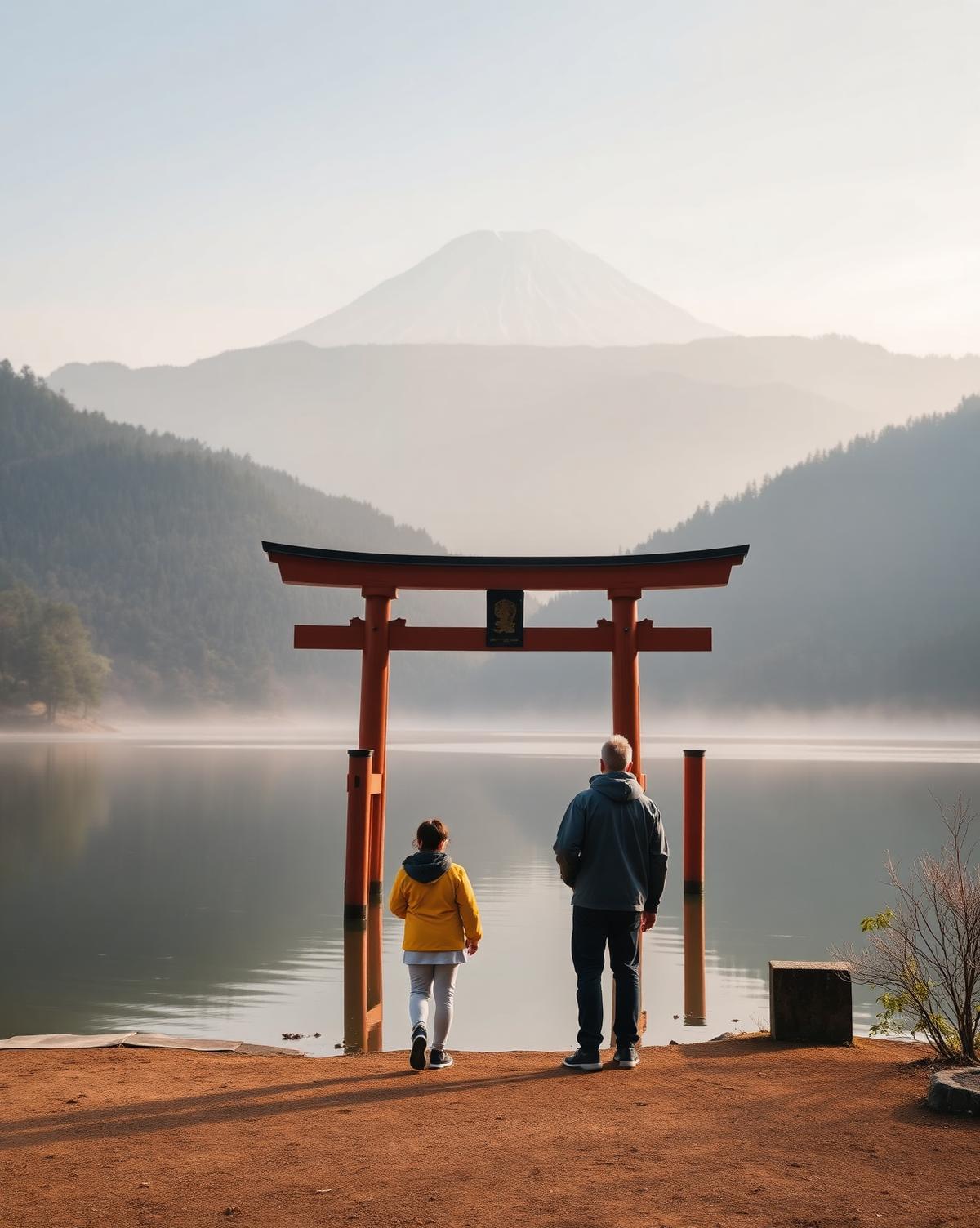 Família diante do torii às margens do Lago Ashi, com o Monte Fuji ao fundo