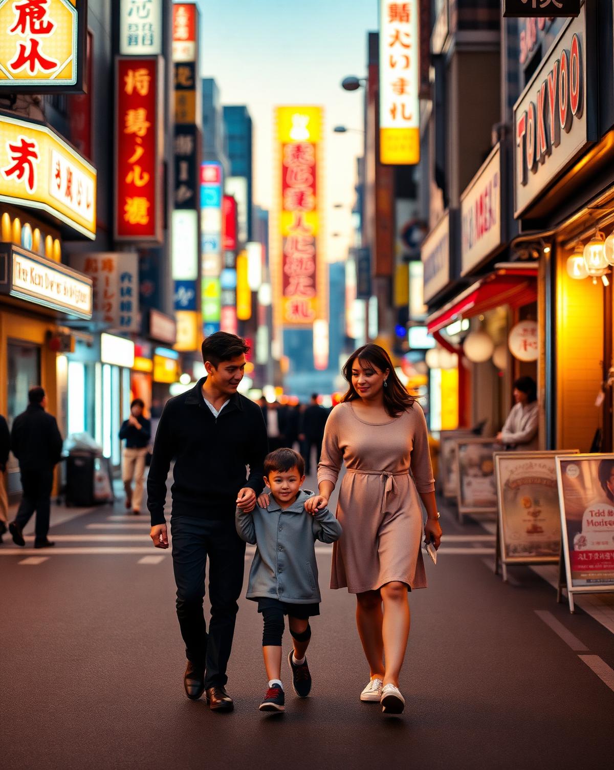 Família caminhando por uma rua iluminada de Tokyo ao entardecer