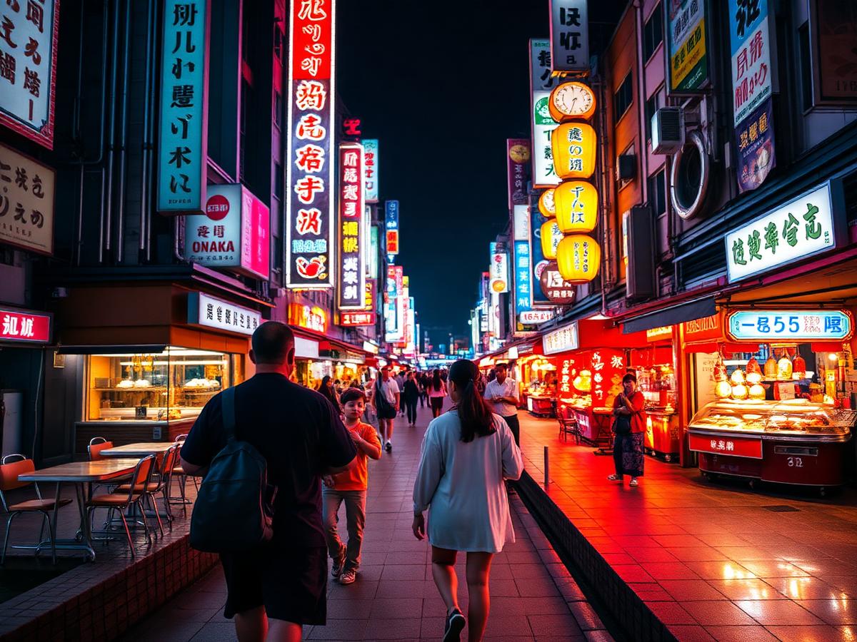 Família caminhando por rua iluminada por letreiros de neon em Osaka