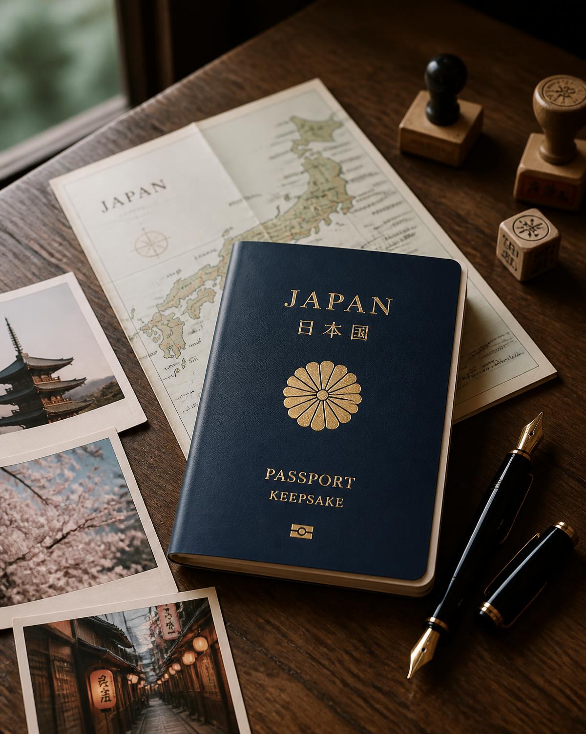 Passaporte da Família sobre mesa de madeira, com mapa do Japão, fotografias e carimbos de viagem